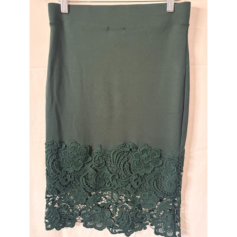 Dark Green Lace Hem Pencil Skirt